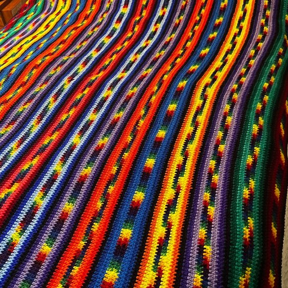 VTG Handmade Crochet Rainbow Striped Blanket Vibrant Multicolor 70x100in - Picture 6 of 16